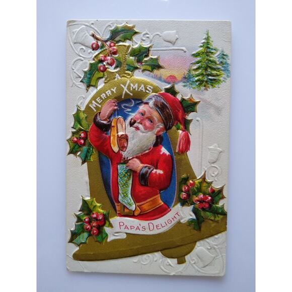 Santa Claus Papa Delight Smoking Pipe Holding Slippers Postcard Embossed Vintage - Picture 4 of 4